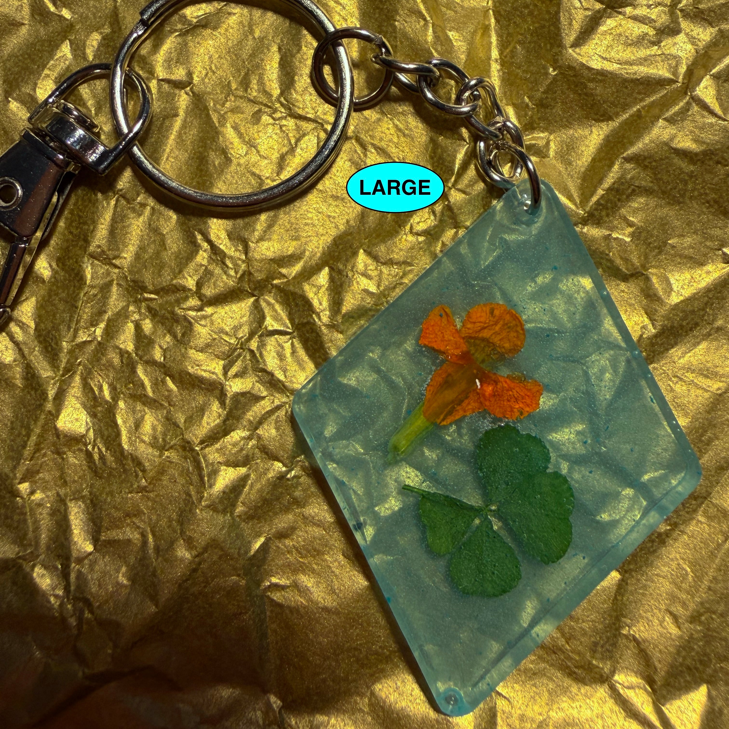 CLOVER keychain- LARGE--with flower